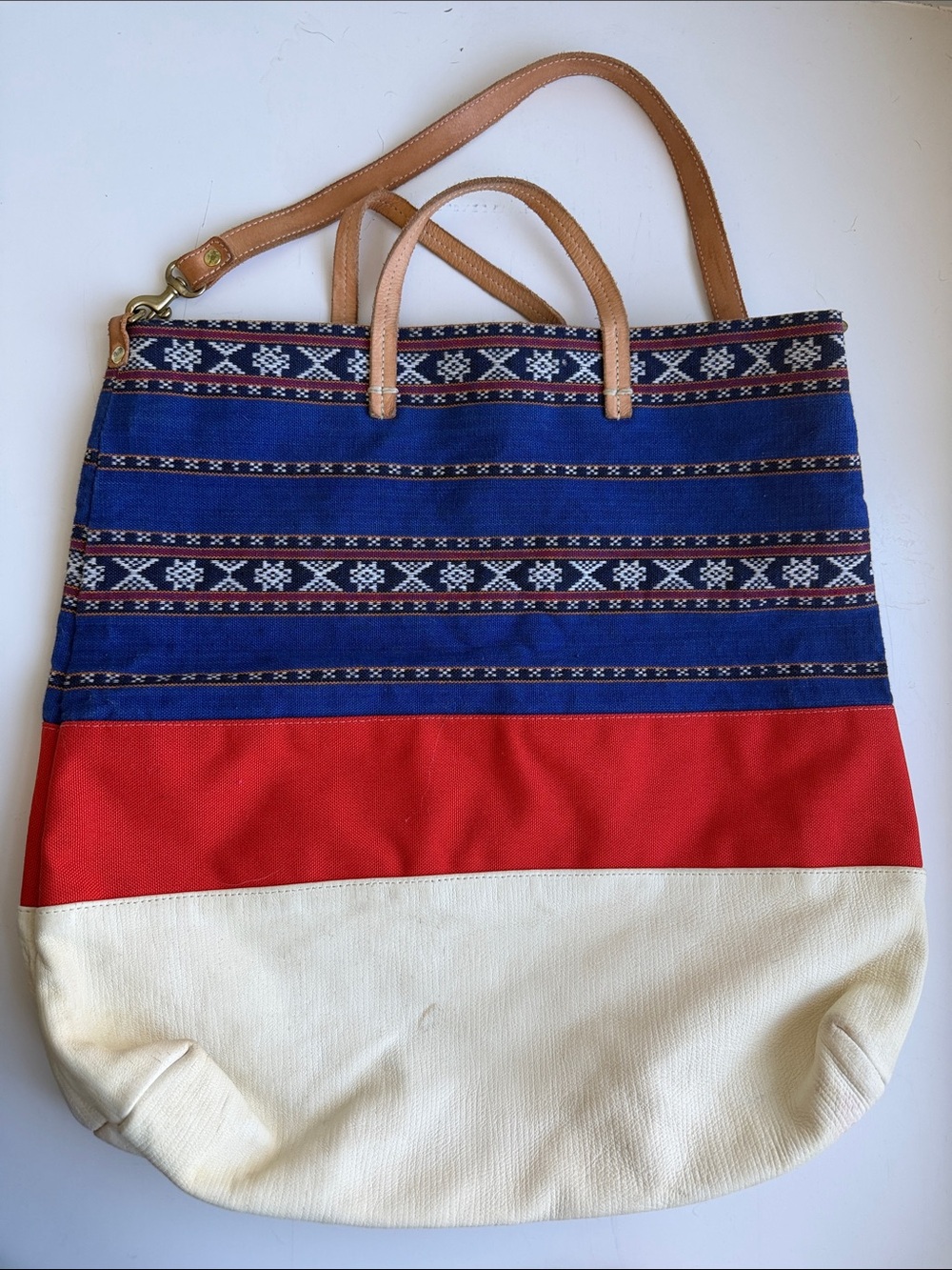 Clare V Blue, Red & Cream Canvas Tote with Tan Leather Handles
